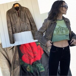 Vintage Y2K Guess Rust Tan Black 100% Leather Moto Collared Zip Up Jacket